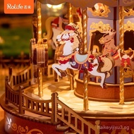 ROLIFE Ruolai Rotating Carousel Music Box Handmade Wooden Assembly3d 3D Puzzle Music Box Gift Toy DZ