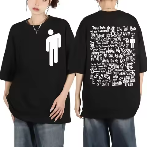 Crew Neck T - Shirt with Billie Eilish Icon Lyric Collage Creative - Inspired Graphic Featuring Pop 