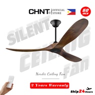 CHNT 60" Ceiling Fans Without Light, Solid Wood Ceiling Fan with Remote Control and Quiet DC Motor, No Light, Modern Smart Ceiling Fan with 3 Blades, Indoor Outdoor Ceiling Fans for Patios, Living Room, Bedroom, Farmhouse, Gazebo- Deep Walnut