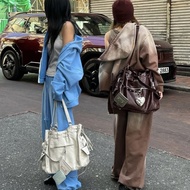 Bag Large Capacity Tote Bag Drawstring Pocket Rivet Shoulder Bag Korean Niche DEINET Motorcycle Bag