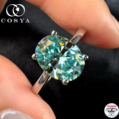 COSYA 7*9mm 2CT Moissanite Ring S925 Silver D Color Blue Oval Cut Lab Diamond Wedding Promise Band F