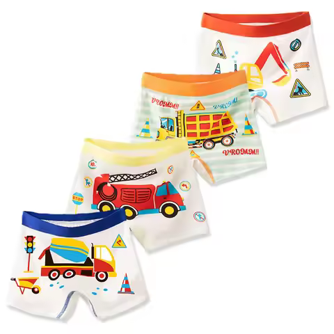 4-Piece Breathable Boy Boxer Brief High Quality Cotton Children Boxers Truck Car Dinosaur Colorful P