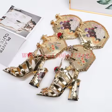 design luxury woman gold Roman diamonds Gladiator sandal boots lady hollow chunky high heel diamonds