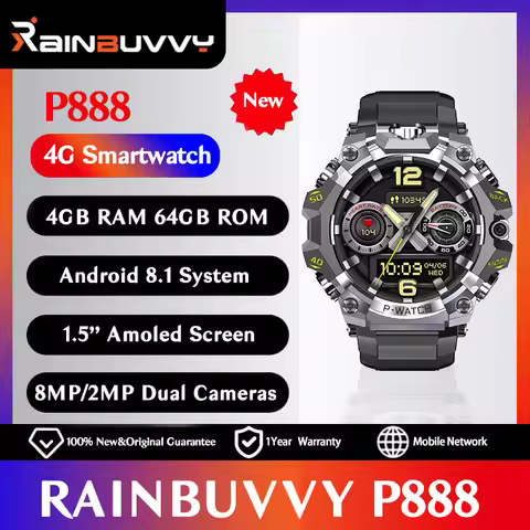 Rainbuvvy P888 4G LTE Smartwatch 4GB RAM 64GB ROM 1.5'' AMOLED Screen 8MP Camera Supports GPS WIFI A