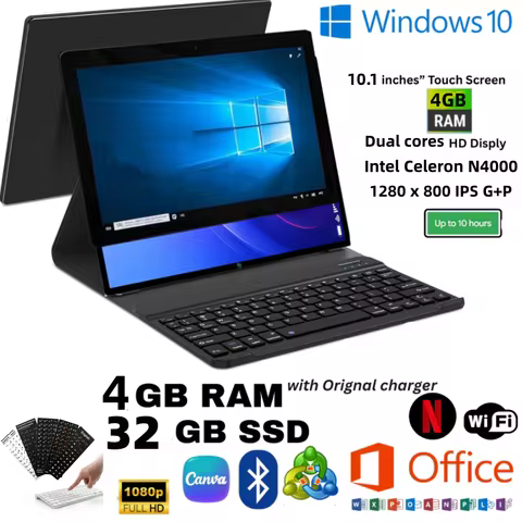 10.1 INCH 4GB RAM 32GB ROM Tablet PC 2 in1 With Keyboard 64 Bit WINDOWS 10 MLT10W Dual Cores