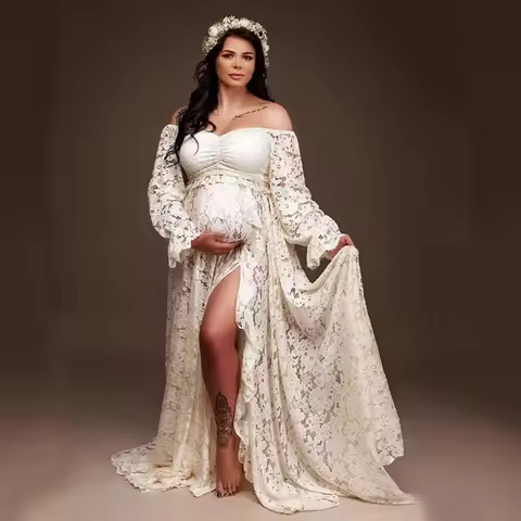 Boho Style Lace Maternity Dress Bohemian Photo Shooting Pregnancy Dress Baby Shower Ruffled Split Cu