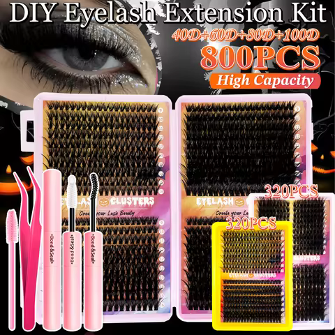 800/320 Clusters 9-16mm Halloween DIY False Eyelash Extension Set, Upper Mix, 40D-100D with Glue Bru