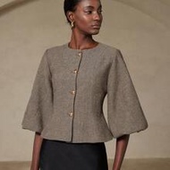Women's Shades Of Brown Herringbone Blazer Jacket,Autumn Elegant French Style Round Neck Cropped Bal