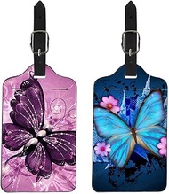 GIFTPUZZ Lovely Butterfly Luggage Tags Set of 2 Waterproof PU Leather Travel ID Label for Baggage Suitcase Label for Women Kids Girls Backpack Pet Carry Bag Tags Adjustable Hanging Labels Pink Blue