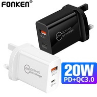 Fonken 3Pin Plug PD20W Type C Charger Type C USB QC3.0 Charger Adapter UK Plug Fast Charging For Pho