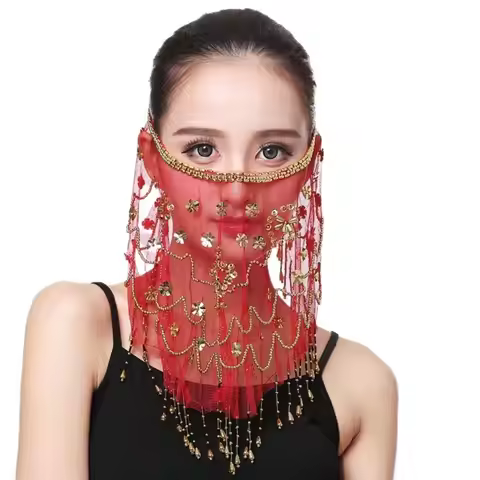 Fashion New Solid Color Dance Party with Beaded Face Veil Indian Belly Dance Veil Belly Dancing Veil