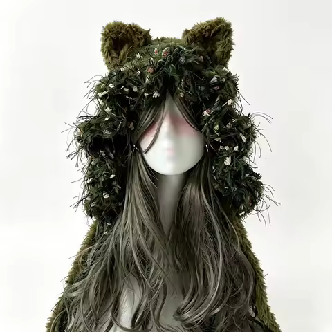 Custom Handmade Crochet Moss Green Cat Ear Plush Woodland Hat Women Fuzzy Soft Knitted Beanie Man Fo