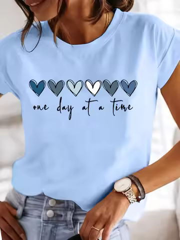 Women'S Casual Graphic T-Shirt - It'S One Day at a Time Heart Print, Short Sleeve Round Neck Top for