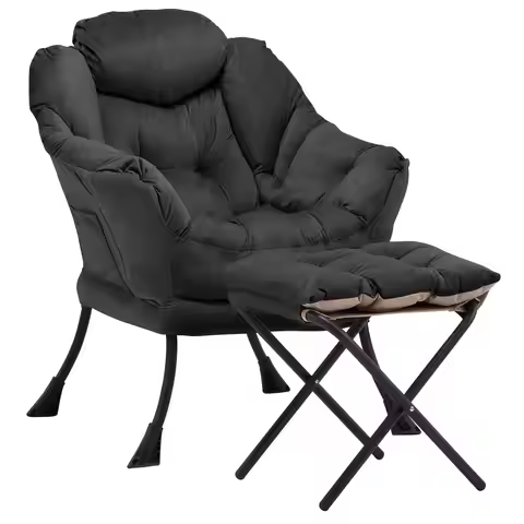 Lazy Chair with Ottoman, Comfy Reading Chair, Black | Cushioned Seat with Foldable Ottoman and Side