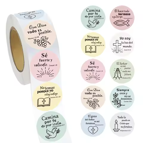 500 Pcs Spanish Bible Verse Stickers Roll, Pastel Round Scripture Quote Labels with Faith Icon Desig