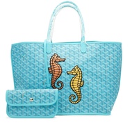 Goyard Blue Turquoise Goyardine Canvas and Chevroches Calfskin Seahorse Embroidery Anjou PM Tote
