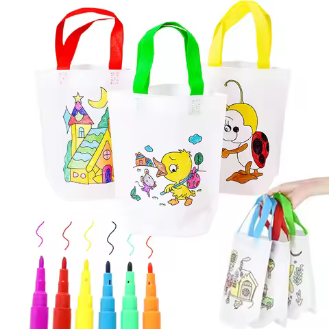 Children DIY Graffiti Bag Drawing Toys with Colored Marking Painting Non Woven Gift Bag Crafts Color