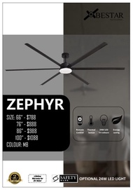 BESTAR ZEPHYR 66inch/76inch/86inch/100inch DC Motor Ceiling Fan with LED Light and Remote Control