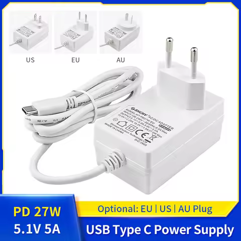 5.1V 5A Power Supply PD 27W USB Type C GaN Charger EU US UK Plug Power Adapter for Raspberry Pi 5/4B