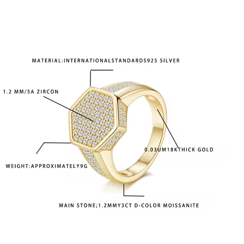 Unisex 925 Silver Ring 18K Gold Plated 3CT D-Color Moissanite & 5A Zircon Fashion Jewelry
