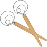 Acerich 2 Pack Danish Dough Whisk 13.5” Dough Whisk Stainless Steel Dutch Style Bread Whisk Wooden H