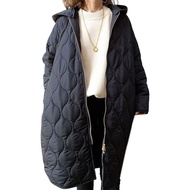 Fall Winter Women Jacket Hooded Zip-up Rhombus Texture Thin Padded Long Sleeves Mid Length Loose Wor