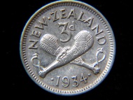 紐西蘭銀幣-1934年紐西蘭毛里族戰鎚3便士(Silver Pence)銀幣(英皇佐治五世像,好品)
