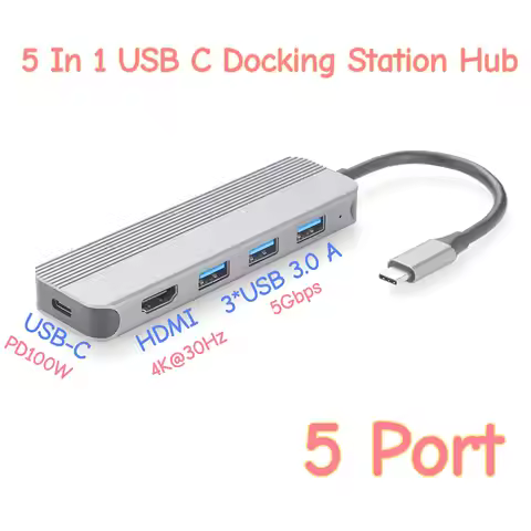 5 In 1 USB-C Mini Docking Station Hub, USB Type-C MultiPort Adapter Converter with 4K2K@30Hz HD, 60W