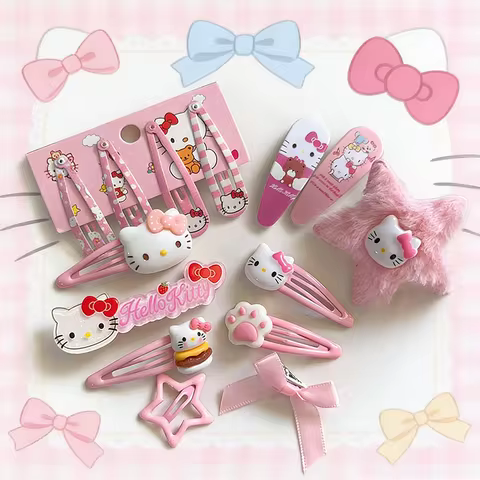 Kawaii Hello Kitty Pink Bow Hairclip Set Sweet Cartoon Multi Style Hair Accessories BB Hairclips Val