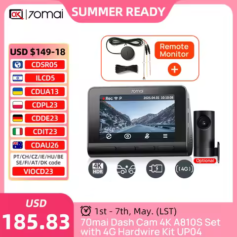 70mai Global Cam A810S-2 Set With 4G Hardwire Kit UP04 Ultra HD 4K AI Motion Detection Car DVR And R