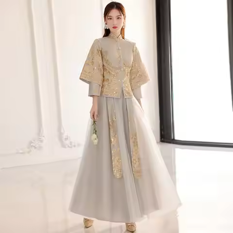 New Chinese Women's Bridesmaid Dress Gold Dress Chinese Traditional Dress Chinese Women's Bridesmaid