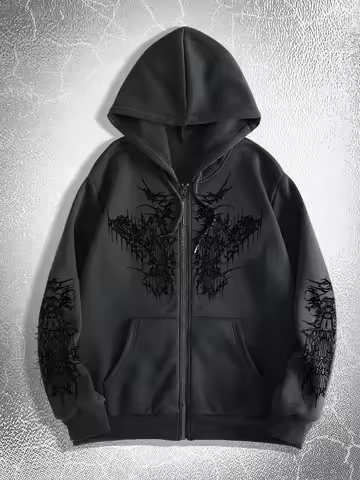 Men'S Gothic Dark Style Print Zip-Up Hoodie, Fashionable Street Style Zip-Up Hoodie for Casual Occas