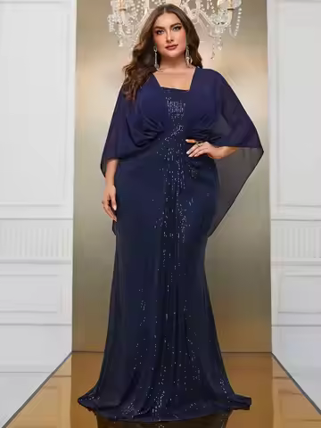 Plus Size Chiffon Shawl Elegant Sparkling Evening Dress 5XL 6XL Big Size Extra Long Banquet Party Ca