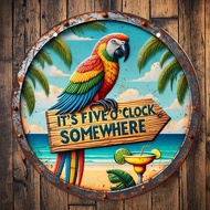 Tropical Parrot Vacation Themed Aluminum Sign Pack of 1 8x8 Inch Round Vintage Metal Wall Art "Its A