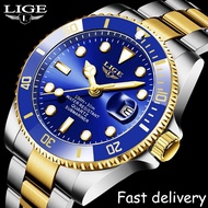 LIGE แฟชั่นนาฬิกาผู้ชาย​ วันที่นาฬิกาข้อมือนาฬิกากันน้ำ30ATMสปอร์ตสแตนเลสสตีลนาฬิกาควอตซ์ + กล่อง