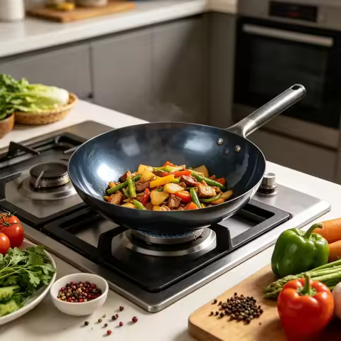 Hand Hammered Iron Wok Pan Non-Stick Carbon Steel Stir Fry Pan Seasoned 36CM Blue Black