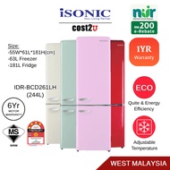 [NUR] isonic 261L Bottom Mount Freezer Double Door Vintage Refrigerator | IDR-BCD261LH (Fridge Peti 