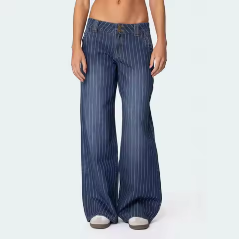 European American Striped Jeans Women Office Lady New Elastic Straight Pants Solid Color High Waist 