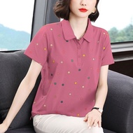 Laps Collar T-shirt Women's Loose 2024 plus size Mom Collar Short Sleeve Polo Co翻领t恤女宽松2024大码妈妈有领短袖p