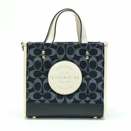 【COACH】圓標LOGO牛仔拼接皮革兩用包-深藍配白