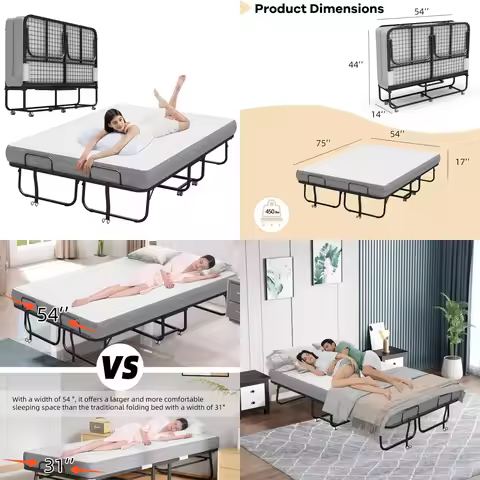 Extra Large 75"x54" Folding Bed with Mattress, Rollaway Guest Sleep Solution, Heavy Duty Frame, Port
