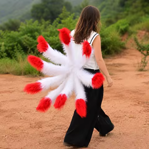 9 Tails Fox Tail Costume, White Faux Fur Kitsune Tail with Red Tips, Adjustable Waist Belt for Cospl