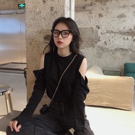 [Haewon - NMIXX] Off Shoulder Y2K T-shirt Woman Shirt Long Sleeve Solid Clothes Korean Fashion Haraj
