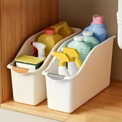 2Pcs White Narrow Storage Bin, Under Sink Organizer for Cleaning Supplies, Curved Pantry Caddy for S
