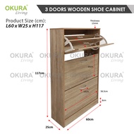 OKURA 3 Doors Wooden Shoe Cabinet /  3-Drawer Shoe Storage Unit / 3 Tier Shoe Cabinet / Rak Kasut