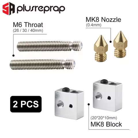 2PCS 0.4mm Extruder Nozzle+2PCS 1.75mm M6 Throat Tube+2PCS Heater Block for MK8 Anet A8 Extrusion J-