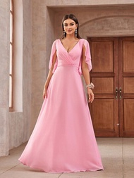 SHEIN Belle 成人粉色伴娘裙，蓮花荷葉邊袖和飄帶領口設計