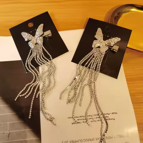 1PC Silver Butterfly Hair Clips, Rhinestone Tassel Decor, Glamorous Retro-Style Hair Accessories For