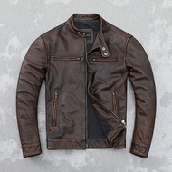Jaket Kulit Tulen Bermasalah Vintaj untuk Lelaki, Jaket Kulit Tulen dengan Kolar Pendiri, Kot Motosi