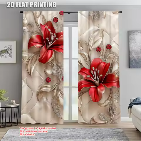 2pcs, 3D Red Lily Curtains Diamond Flower Print with Gold Leaf for Living Room Bedroom Window Luxury